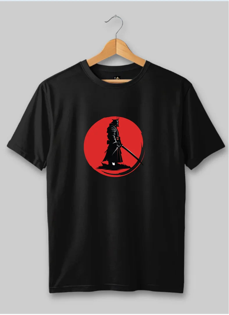 Black t-shirt with a red circle featuring a silhouette design on a hanger against a gray background