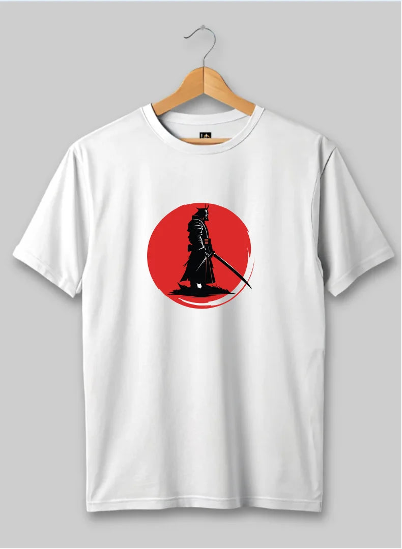 White t-shirt with a red circle featuring a black silhouette of a person on a hanger against a gray background