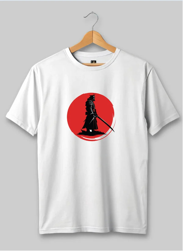 White t-shirt with a red circle featuring a black silhouette of a person on a hanger against a gray background