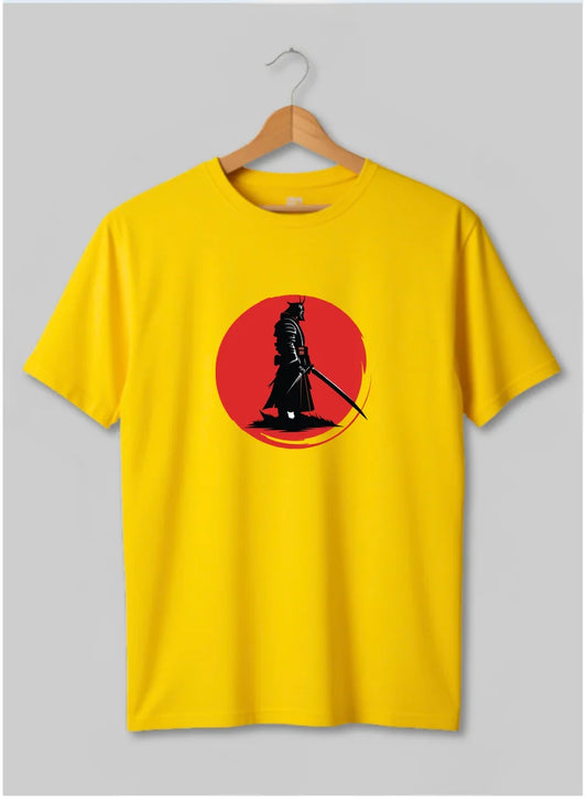 Yellow t-shirt with a black silhouette design on a hanger against a gray background