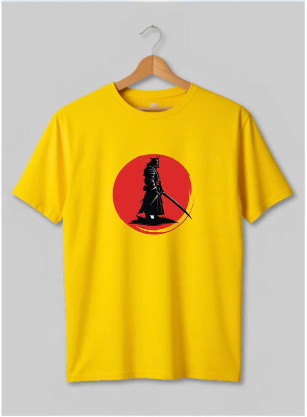 Yellow t-shirt with a black silhouette design on a hanger against a gray background