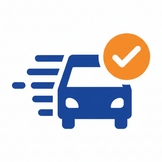 Blue car icon with an orange check mark on a white background